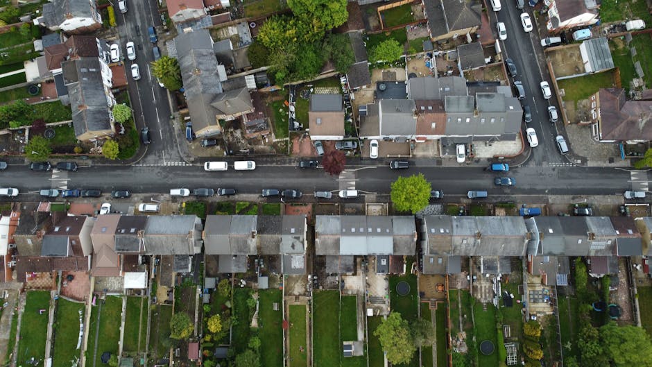 An aerial view of a residential neighborhood showing a row of terraced houses with back gardens, separated by fences and green lawns. The gardens feature a variety of plants, trees, and flowerbeds, al