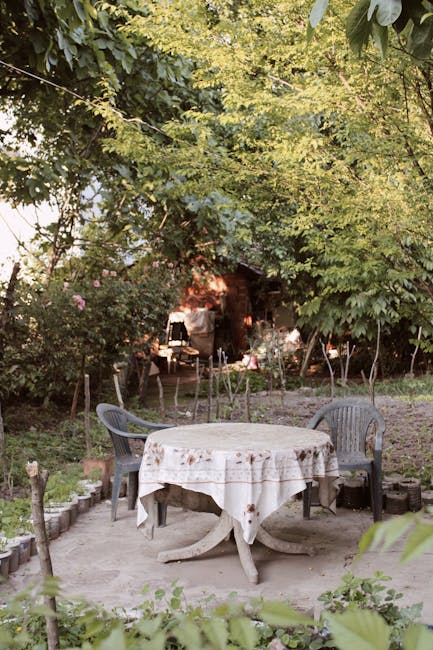 An overhead view of a small patio yard featuring a rectangular wooden dining table with a weathered surface, surrounded by six beige cushioned chairs with dark metal frames. The patio is enclosed by a